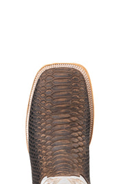 Top-down close-up of the Renegate Python boot vamp, showcasing the brown python print scale detail, double stitching and square toe.