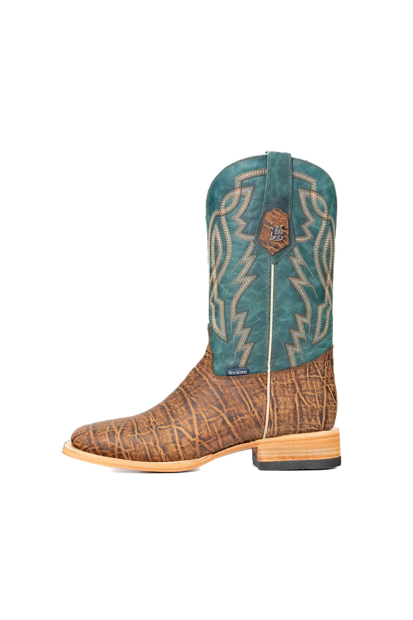 Side view of the Renegate Elephant cowboy boots crafted from genuine leather, featuring a square toe, brown elephant print vamp, teal shaft with embroidered shaft, and rubber heel.