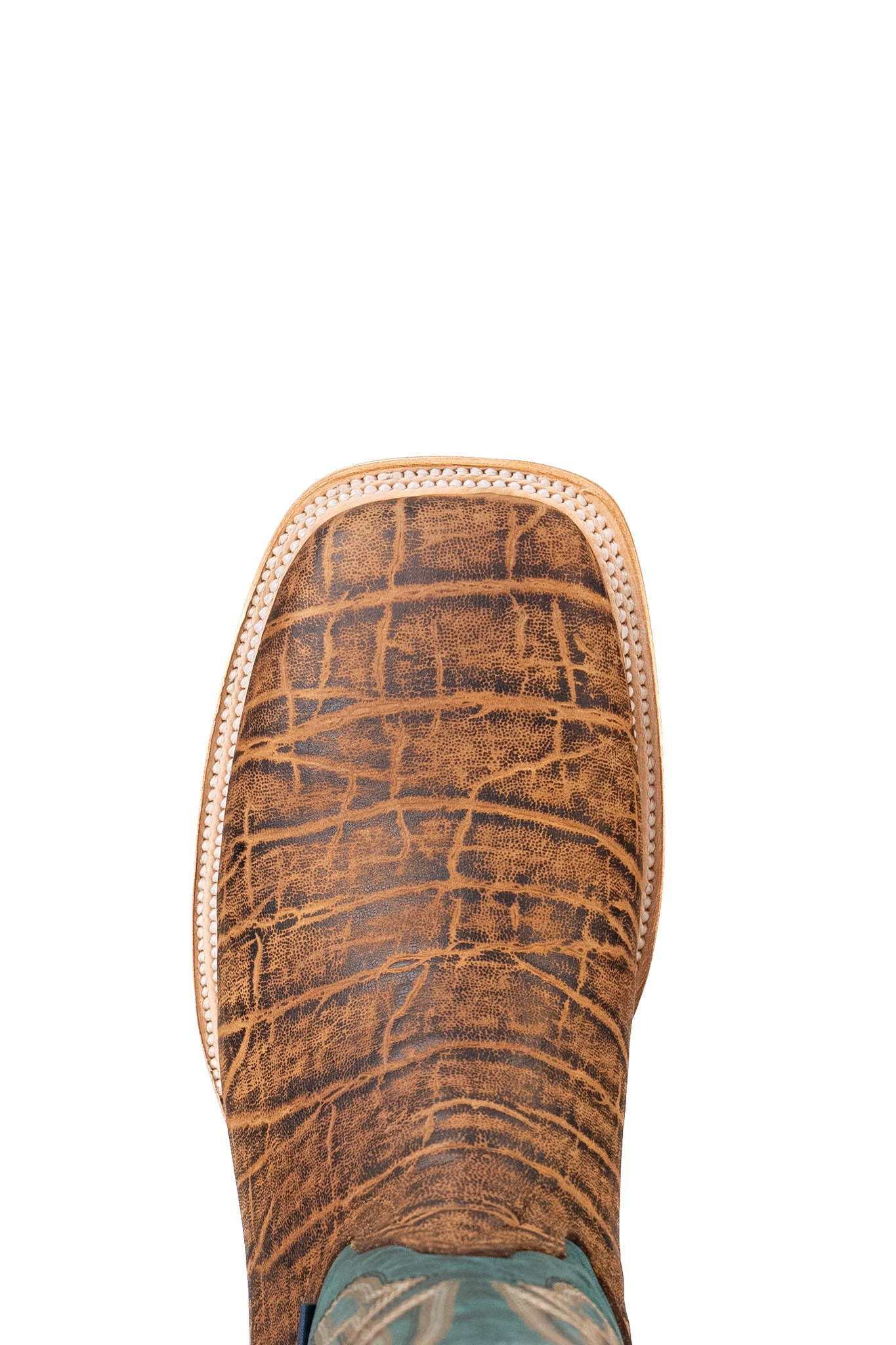 Top-down close-up of the Renegate Elephant cowboy boot vamp showing the elephant print detail, double stitch and square toe.