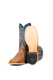 View of the Renegate Python boot in mapple featuring a tan pirarucu fish print vamp, blue leather shaft with embroidery, a square toe, and leather sole. 