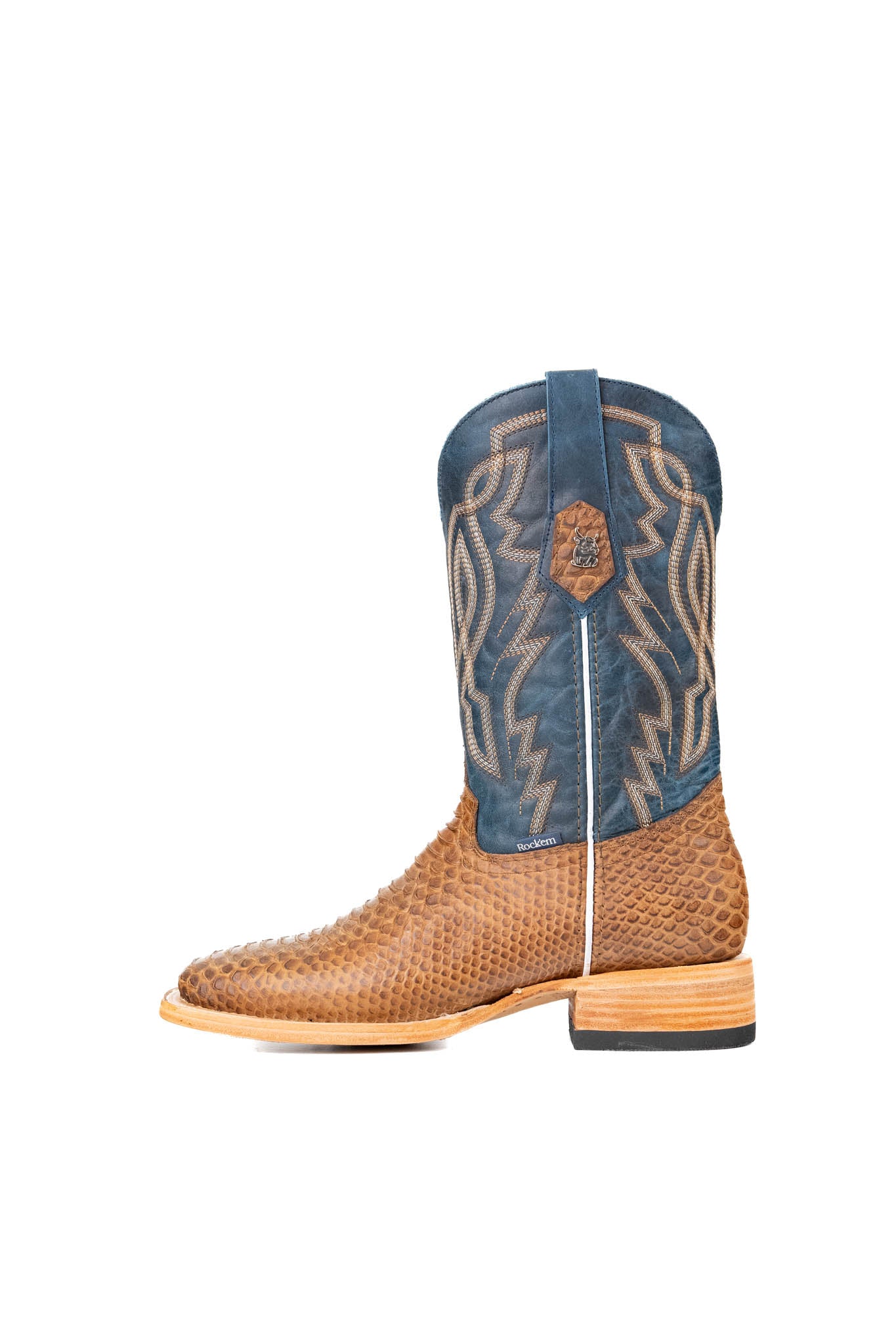 Side view of the Renegate Python boot in mapple featuring a tan pirarucu fish print vamp, blue leather shaft with embroidery, a square toe, and leather sole. 