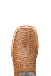 Top-down close-up of the Renegate Python boot vamp, showcasing the tan python print scale detail, double stitching and square toe.