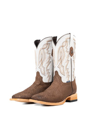 The Renegate Python boot in chocolate featuring a brown pirarucu fish print vamp, white leather shaft with embroidery, a square toe, and leather sole. 