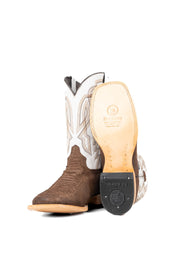 View of the Renegate Python boot in chocolate featuring a brown pirarucu fish print vamp, white leather shaft with embroidery, a square toe, and leather sole. 