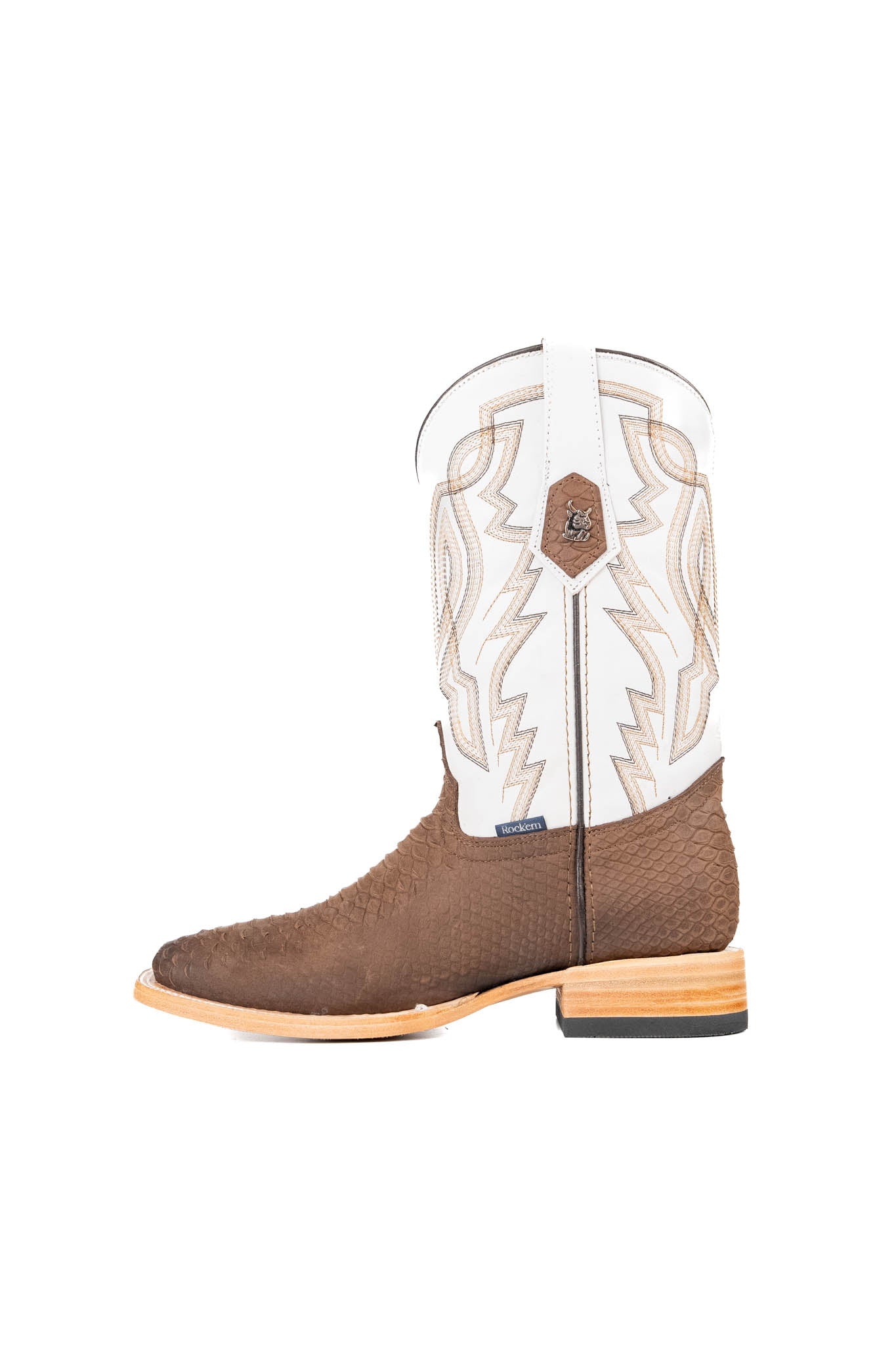 Side view of the Renegate Python boot in chocolate featuring a brown pirarucu fish print vamp, white leather shaft with embroidery, a square toe, and leather sole. 
