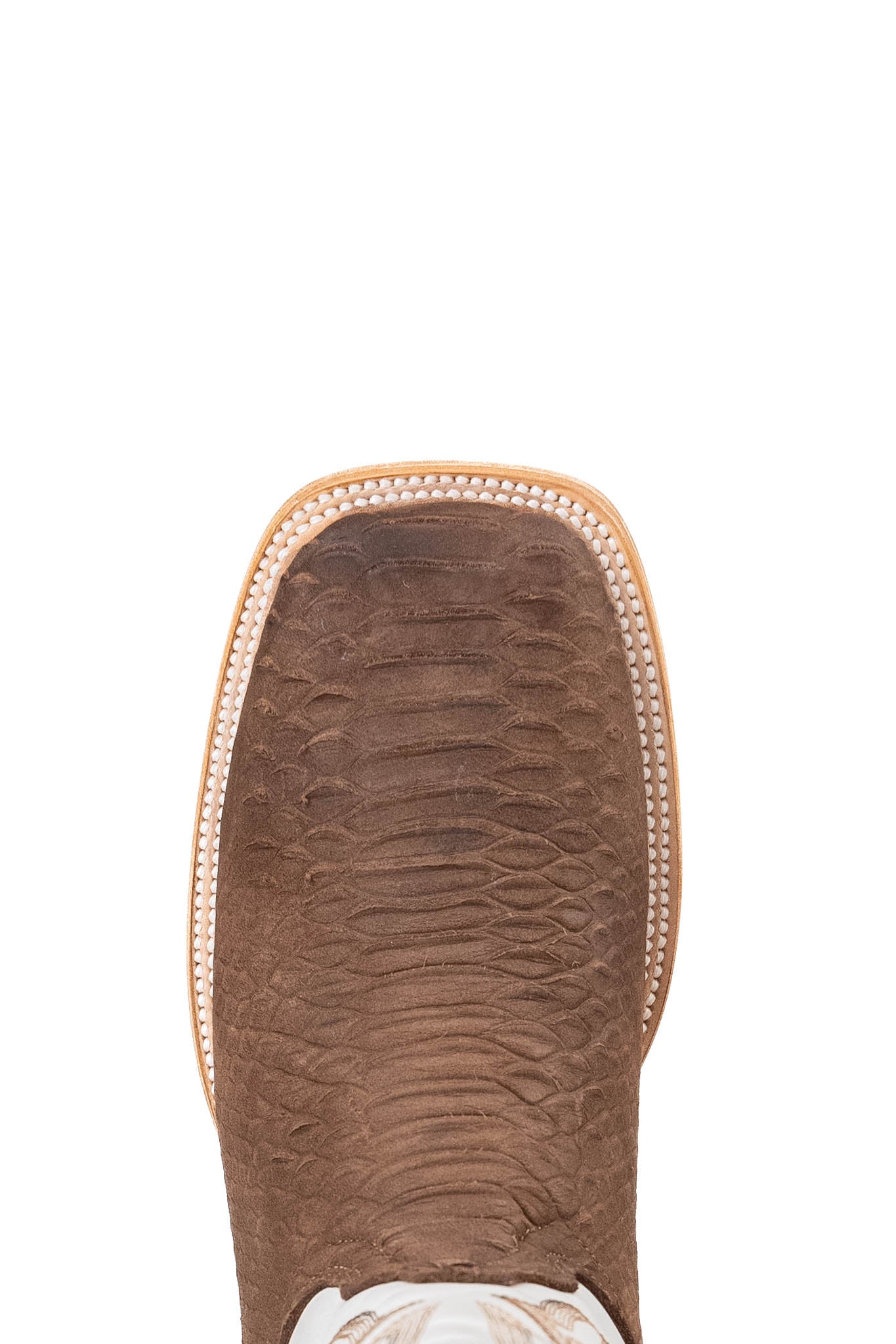 Top-down close-up of the Renegate Python boot vamp, showcasing the brown python print scale detail, double stitching and square toe.