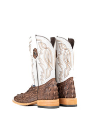 Back view of the Renegate Giant Alligator Cowboy Boot in rustic brown made of genuine leather, featuring a square toe, brown caiman print vamp, white shaft with embroidery, and rubber heel. 