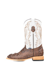 Side view of the Renegate Giant Alligator Cowboy Boot in rustic brown made of genuine leather, featuring a square toe, brown caiman print vamp, white shaft with embroidery, and rubber heel. 