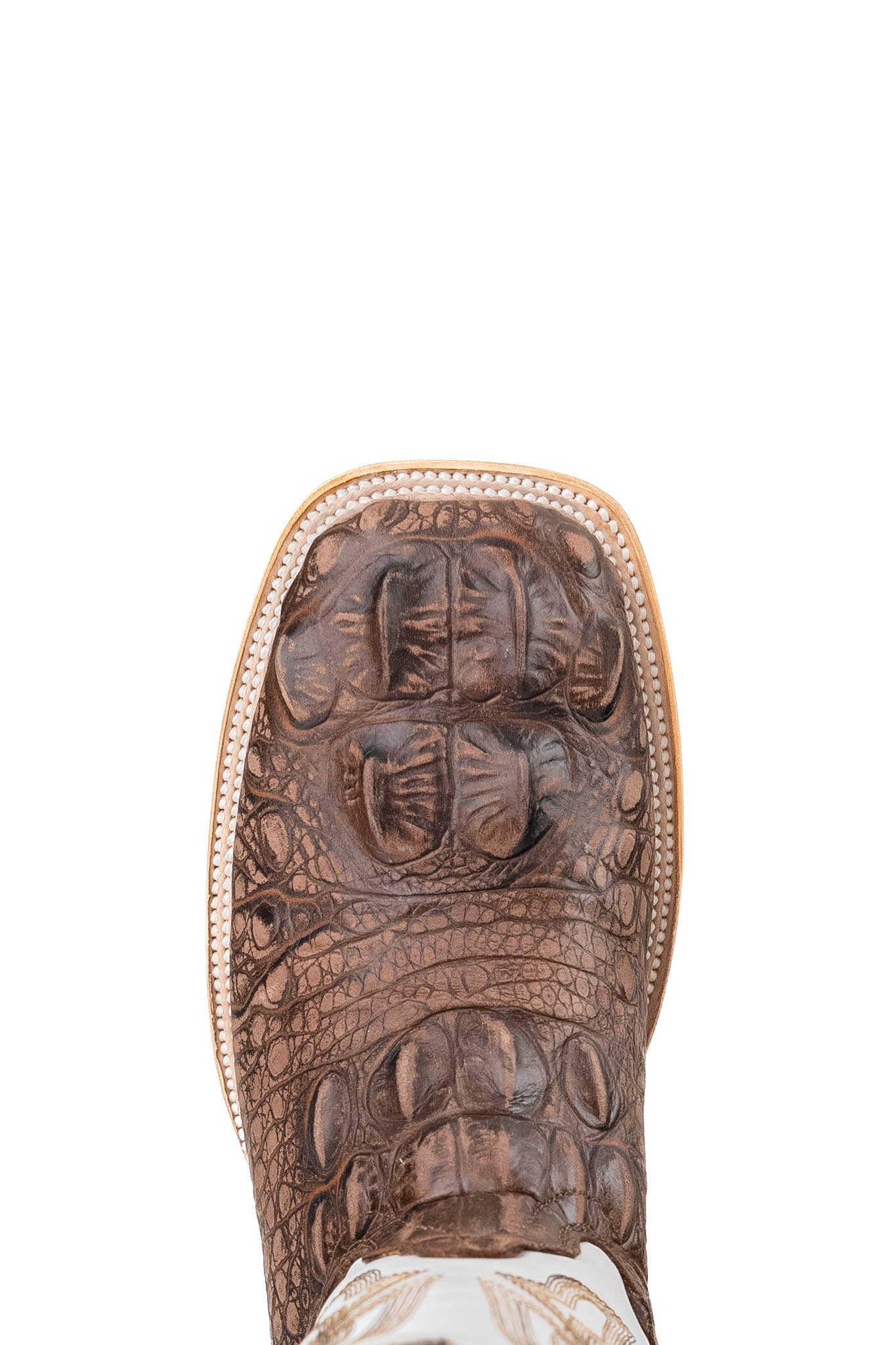 Top-down close-up of Giant Caiman Hornback cowboy boot vamp, highlighting the brown caiman print detail, double stitching and square toe.