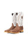 The Renegate Ostrich Square Toe has a bumpy brown ostrich vamp, white shaft with embroidery pattern, a square toe, and a sturdy leather sole with a rubber heel.