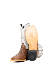 View of the Renegate Ostrich Square Toe has a bumpy brown ostrich vamp, white shaft with embroidery pattern, a square toe, and a sturdy leather sole with a rubber heel.