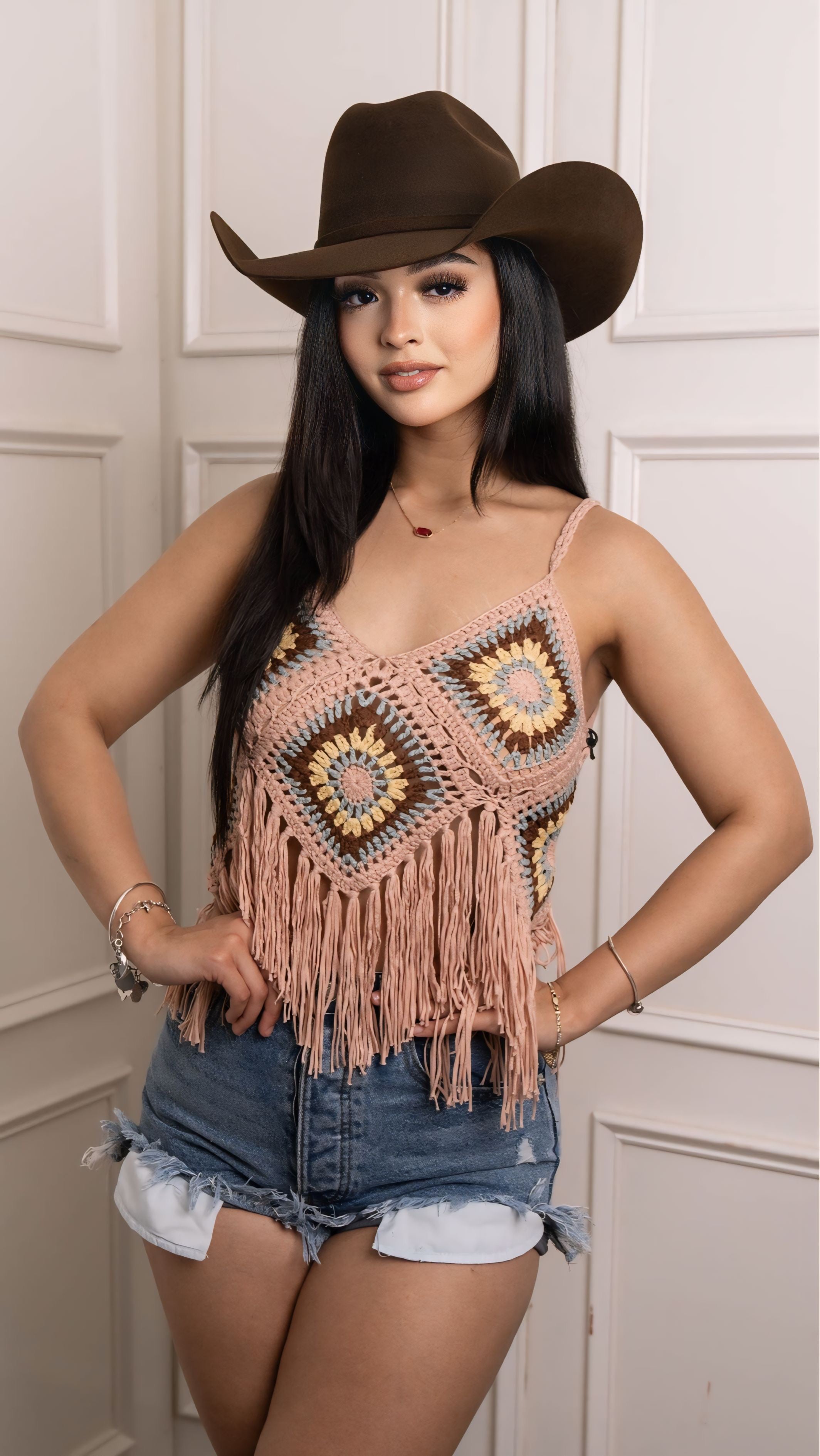 Rock & Roll Denim Crochet Tank With Fringe BW20T03878 JJ