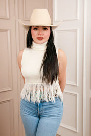 Knitted Fringe High Neck Crop Top JJ