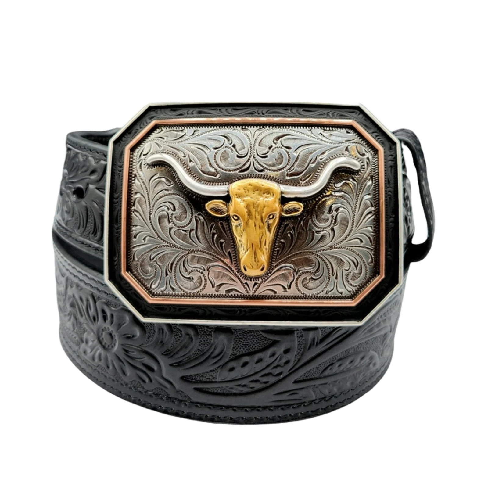 Ariat Men's Floral Embossed Bull Skull Black Belt