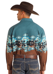 Men's Panhandle Cowboy Border Print Peacock Western Shirt SMN2S05596