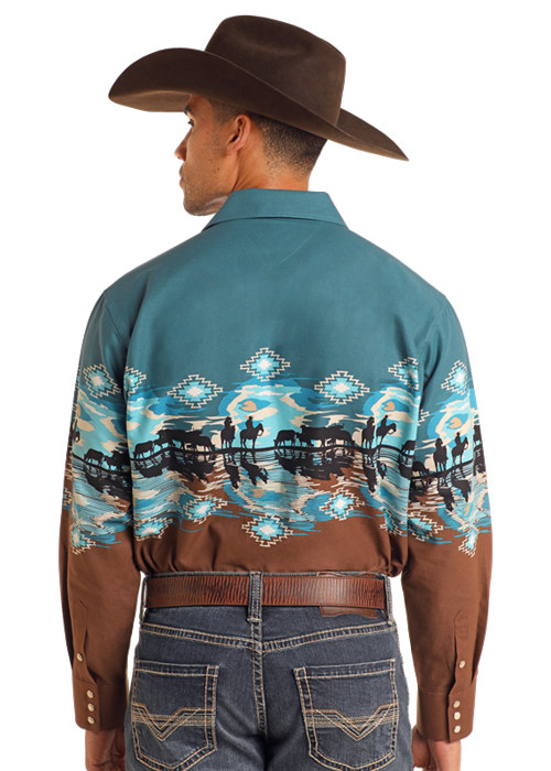 Men's Panhandle Cowboy Border Print Peacock Western Shirt SMN2S05596