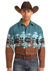 Men's Panhandle Cowboy Border Print Peacock Western Shirt SMN2S05596