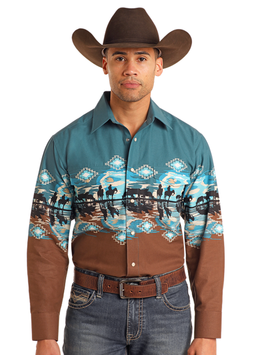 Men's Panhandle Cowboy Border Print Peacock Western Shirt SMN2S05596