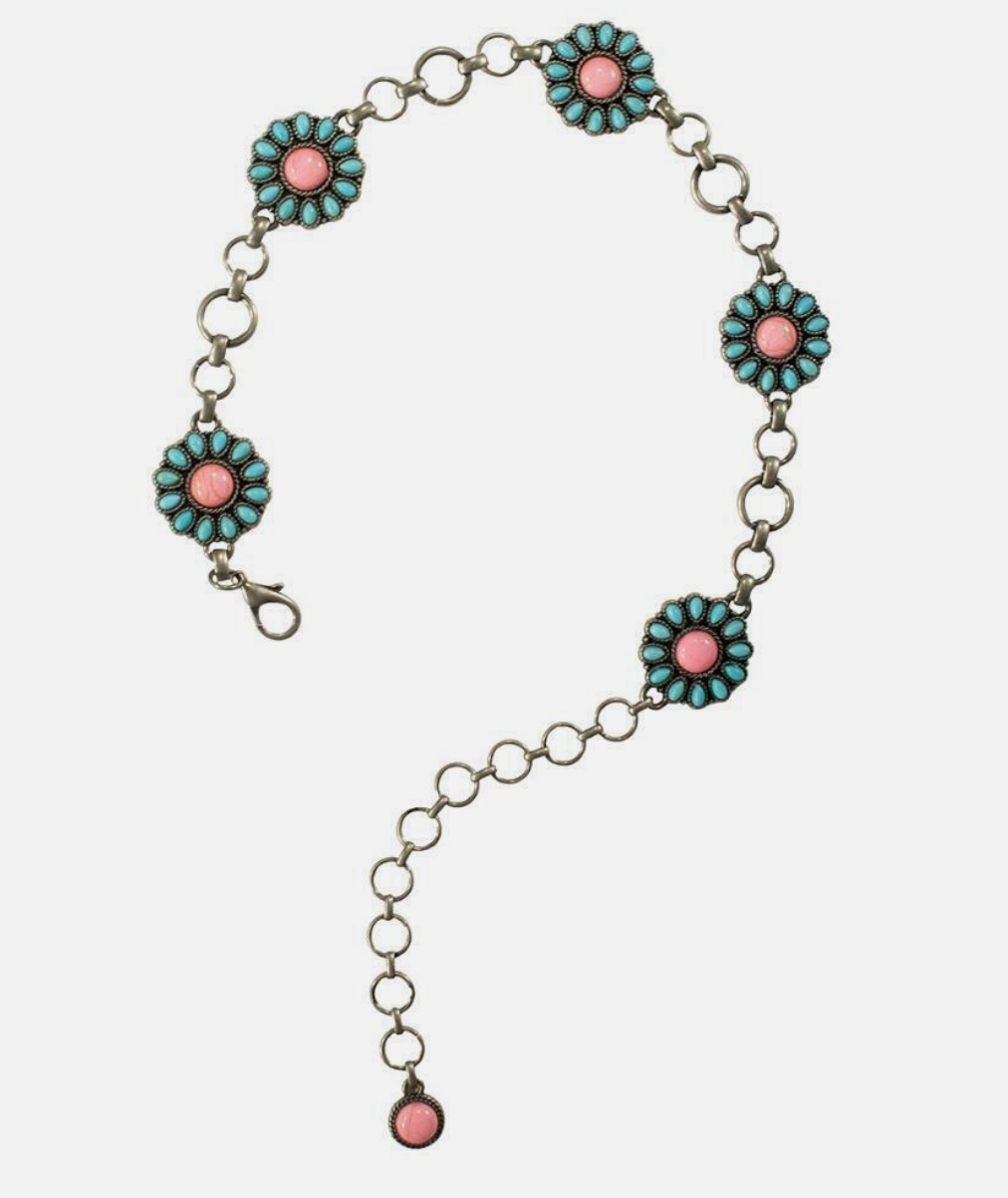 Nocona Floral Conchos Turquoise And Pink Kids Belt