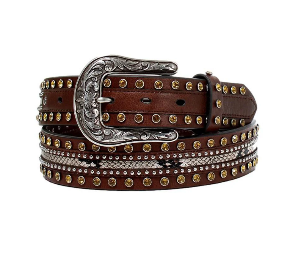 Ariat Snakeskin Print Studs Brown Cowgirl Belt