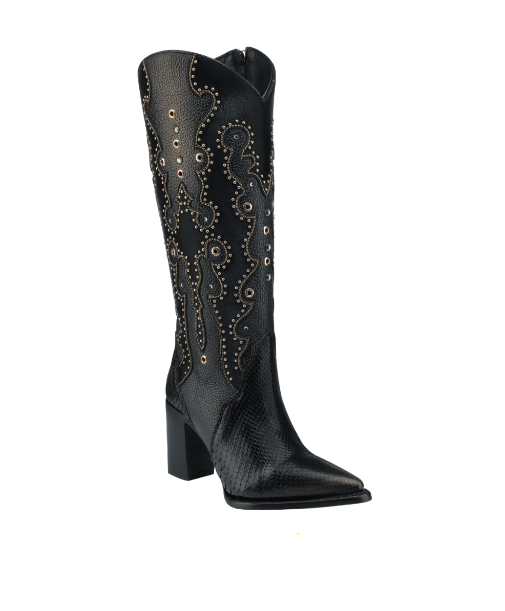 Cuadra CU869 LD Black Python Embroidery Studs and Zipper Point Toe