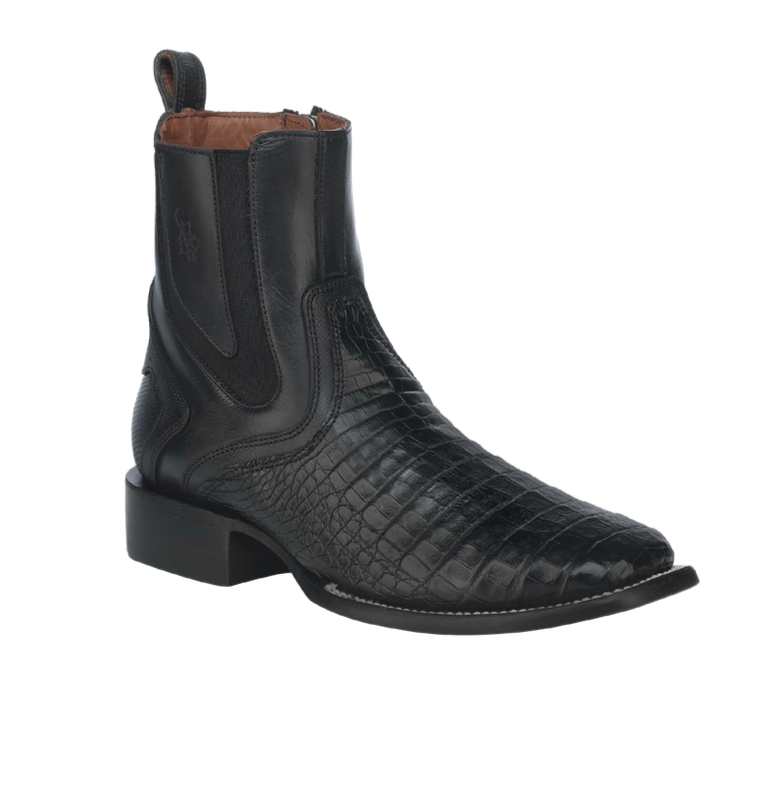 Black crocodile-patterned boot with 'CU891' label on a white background