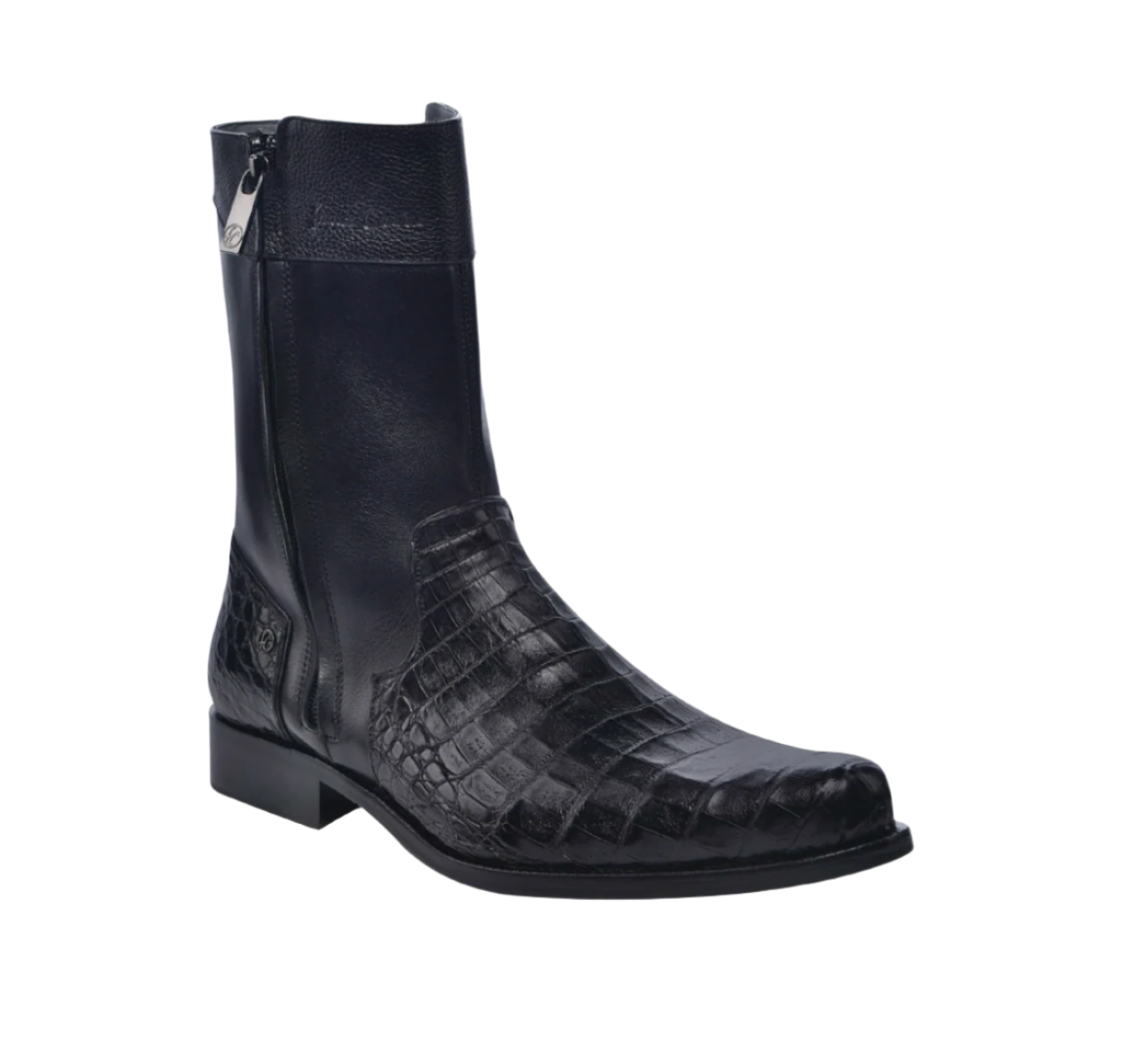 Black crocodile-patterned boot with zipper on a white background