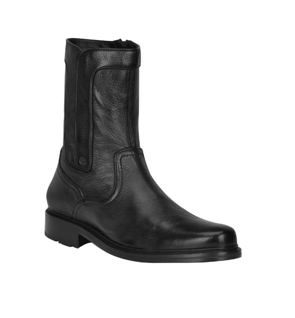Black leather boot with zipper on a white background