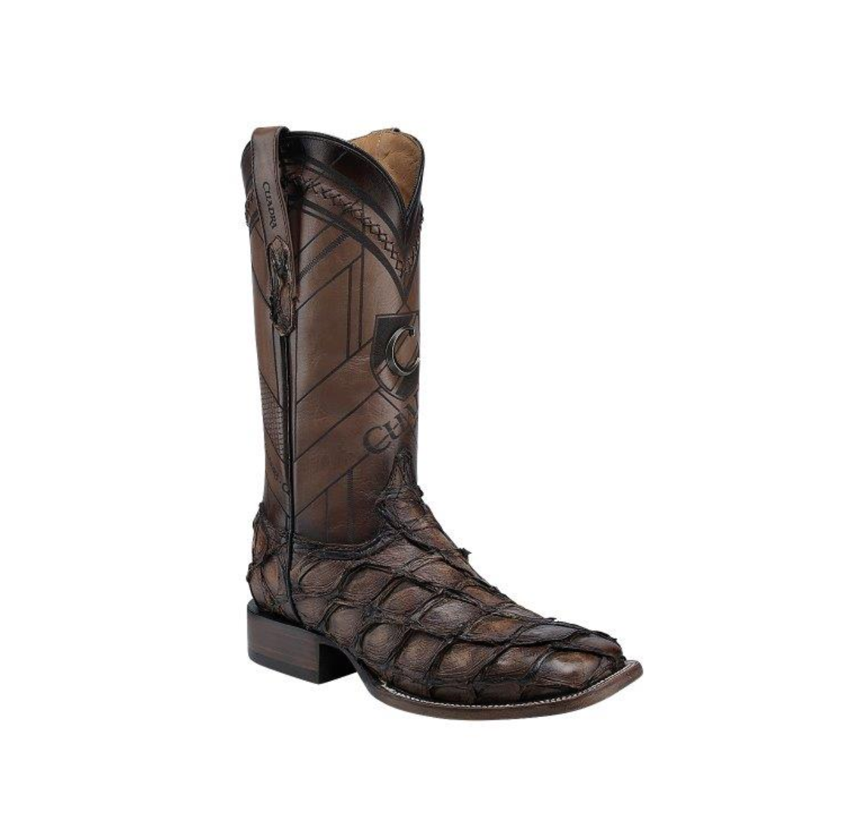 Brown leather boot with intricate design on a yellow and white background