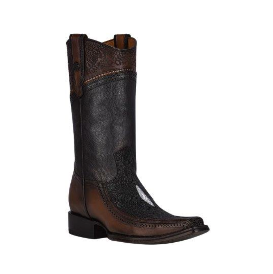 Black and brown cowboy boot with 'Cuadra' branding on a white background
