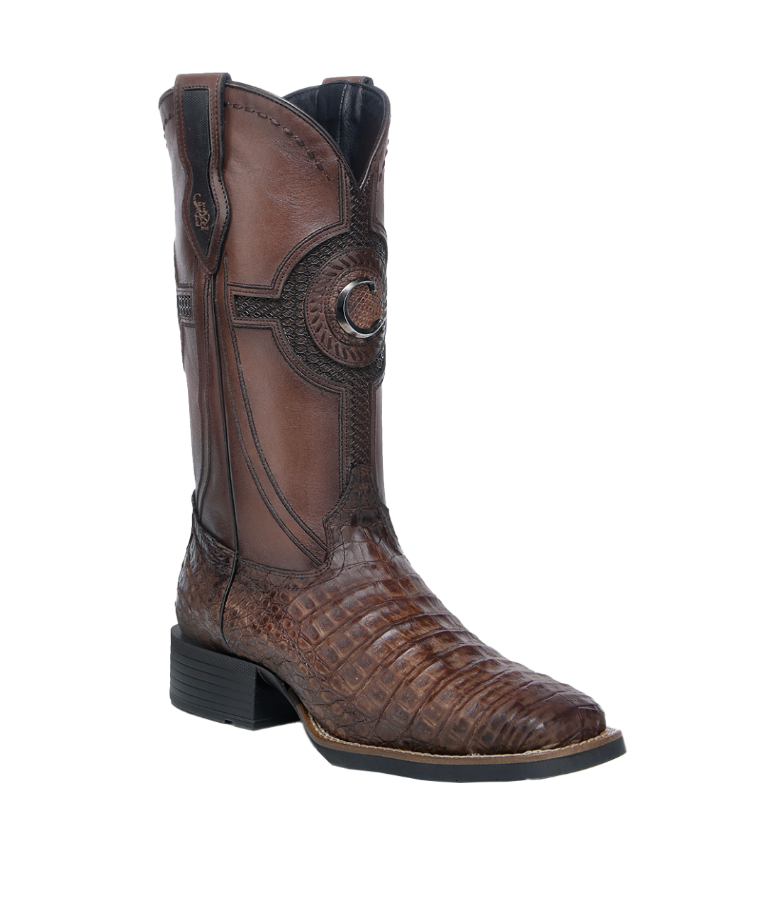 Brown cowboy boot with detailed design and matching belt on a white background