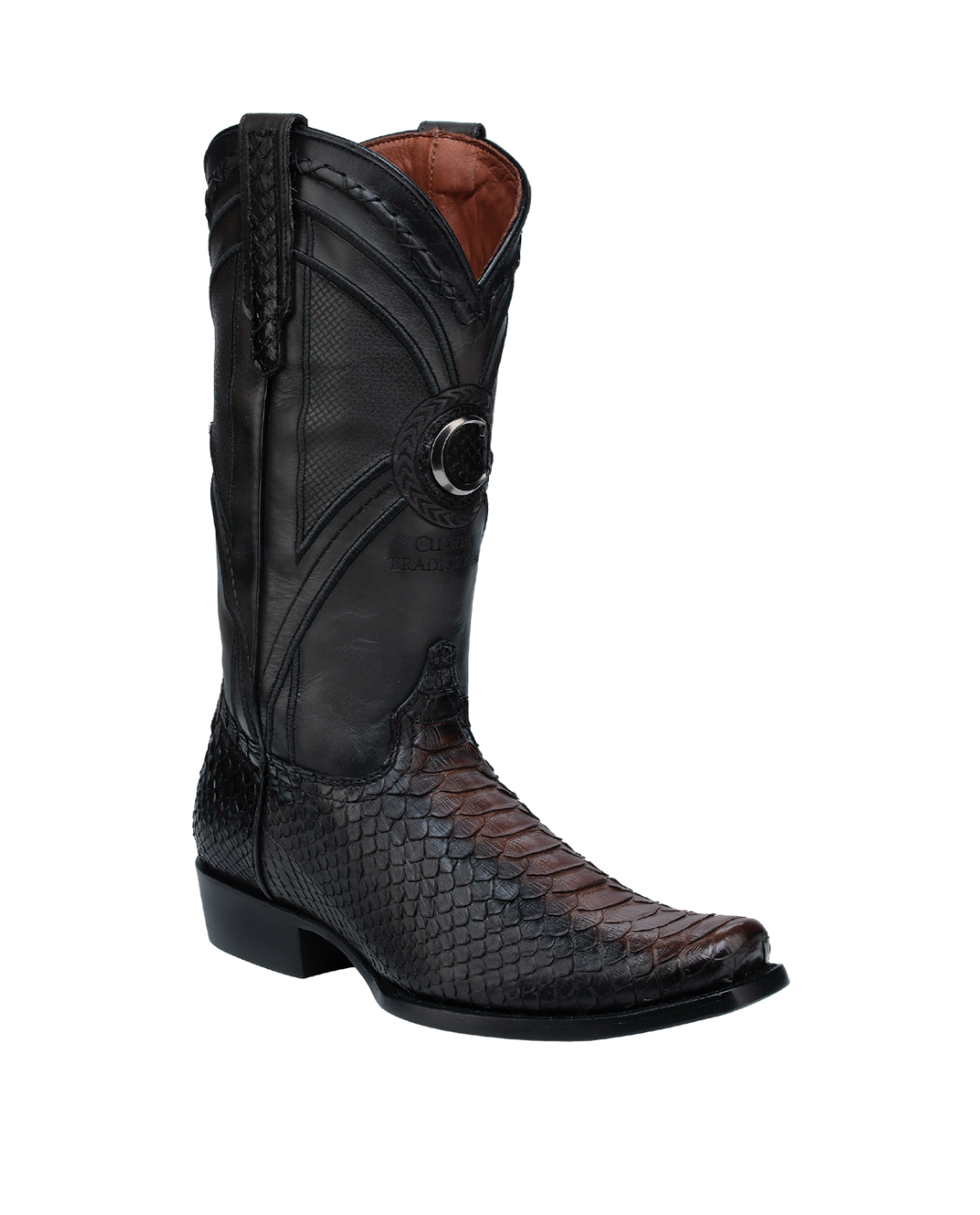 Cuadra Exotic Python Black Brown cowboy boot with intricate design on a white background