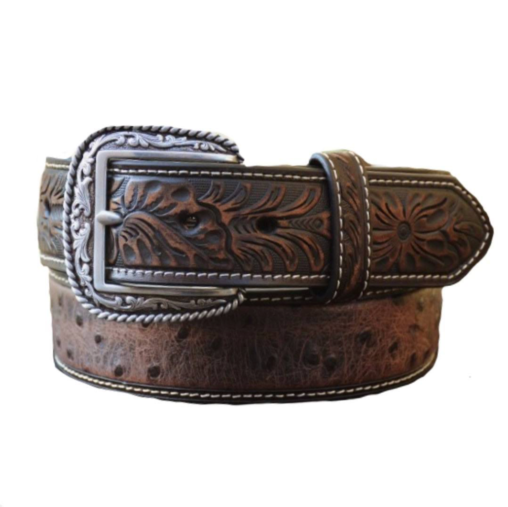 Ariat Brown Ostrich Tooled Cowboy Belt