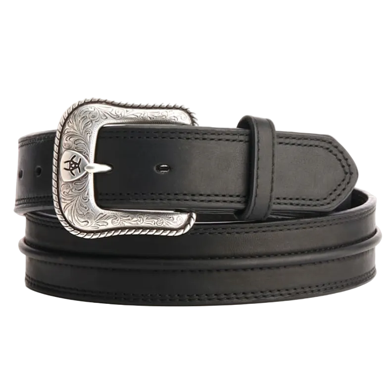 Black leather belt with a silver buckle on a white background