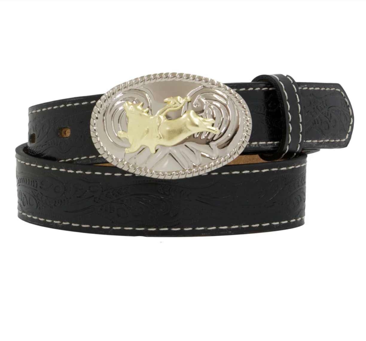 Black leather belt with a silver and gold buckle on a white background