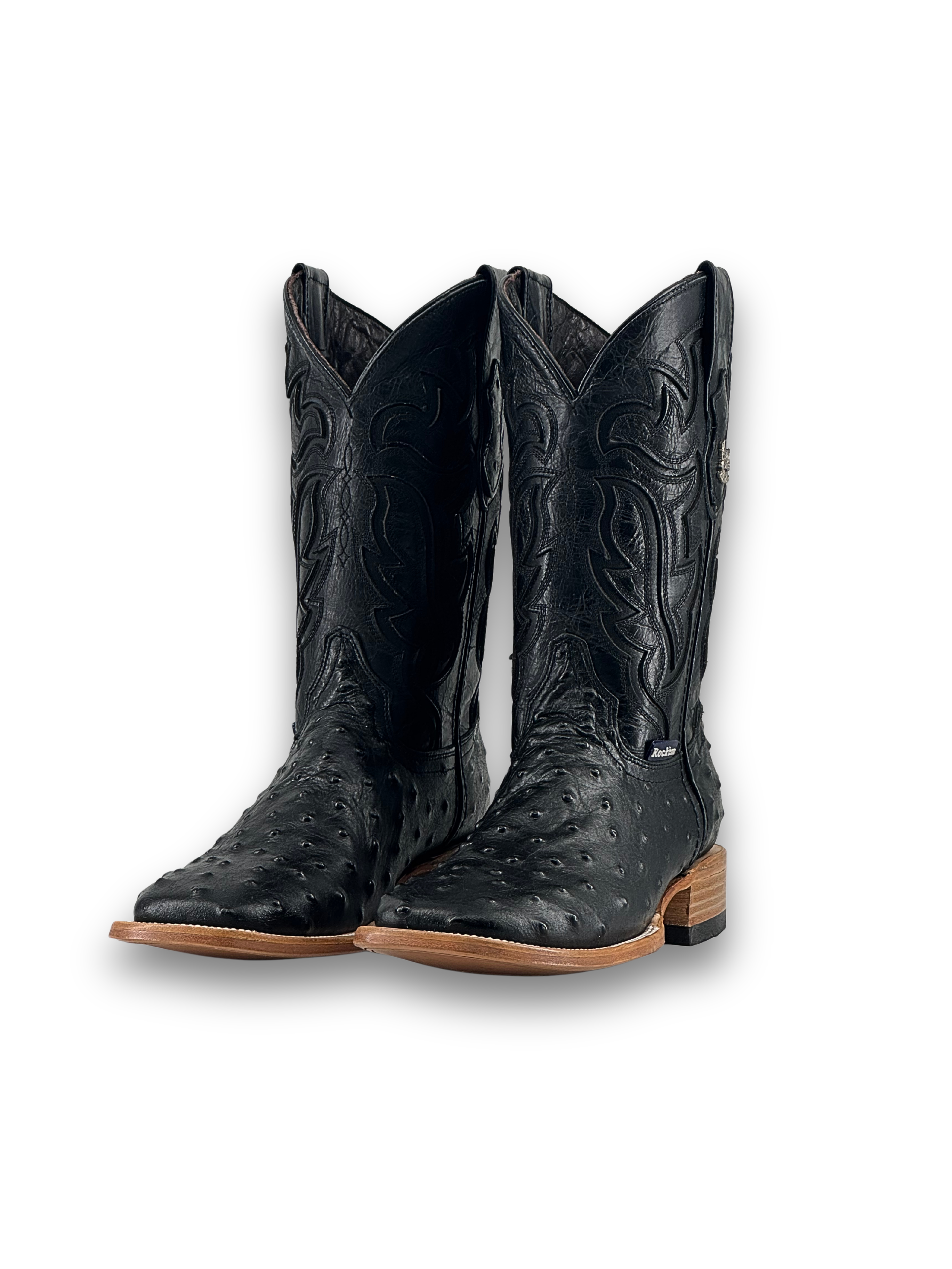 The Bruce Ostrich cowboy boot in black features a bumpy vamp, flame inlays on a dark shaft, square toe, leather sole, and rubber heel.