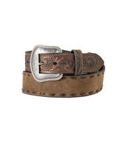 Brown leather belt with intricate silver buckle on a white background
