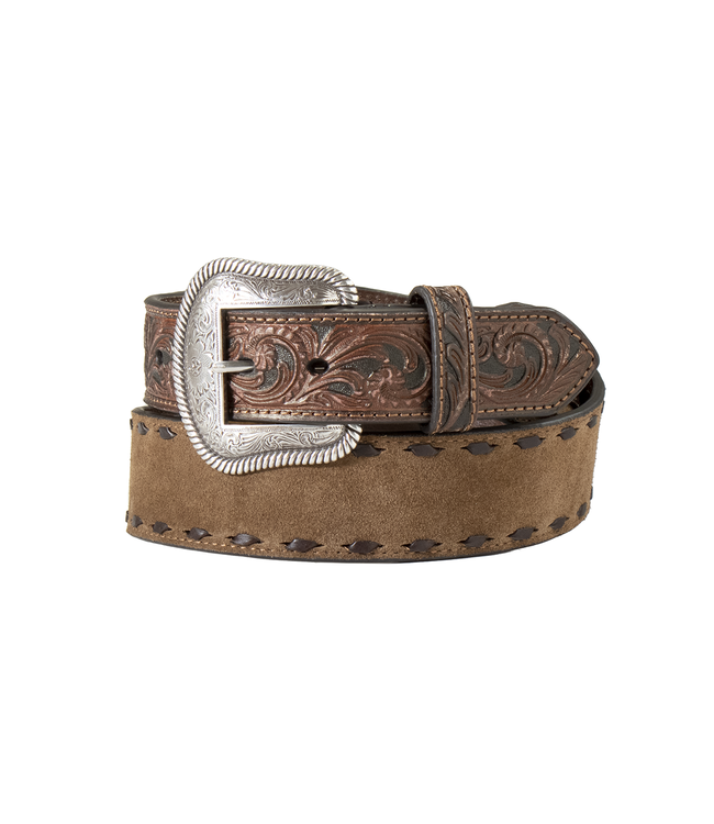 Brown leather belt with intricate silver buckle on a white background